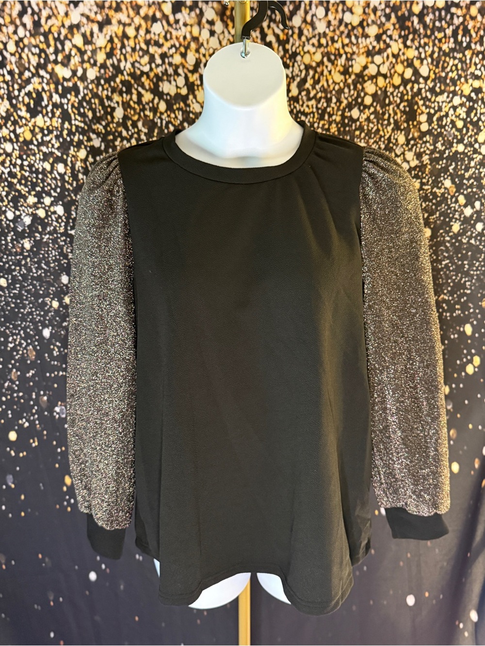 Black Blouse with Metallic Puff Sleeves - Women's Sparkle Top